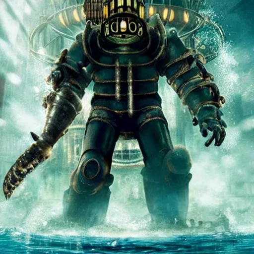 Image similar to movie poster for a live - action bioshock movie featuring a big daddy, andrew ryan, and little sister with the underwater city of rapture in the background