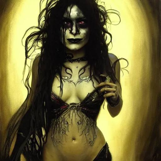 Image similar to beautiful portrait of vanessa hudgens as death from sandman, smiling, by cedric peyravernay, alphonse mucha, by jeremy mann, by lecouffe deharme, goth chic, soft lightning, eyeliner, punk rock, high detailed, 8 k