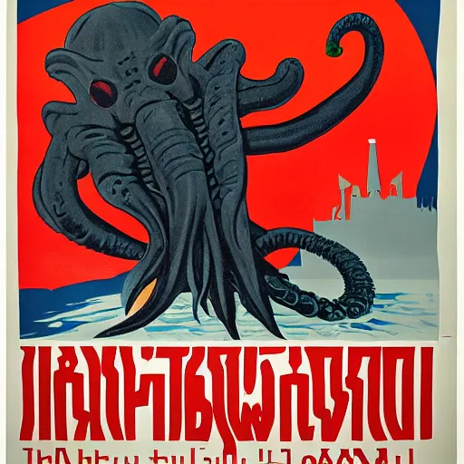 Prompt: Soviet propaganda poster about Cthulhu
