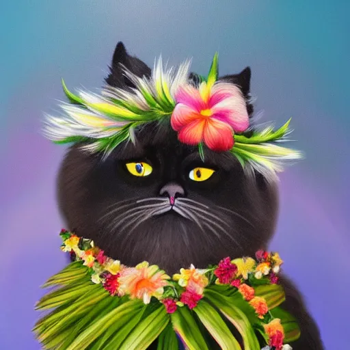 Prompt: anthropomorphic fluffy himalayan cat wearing hawaiian lei and flower crown, with palm tree background, detailed 4 k oil painting