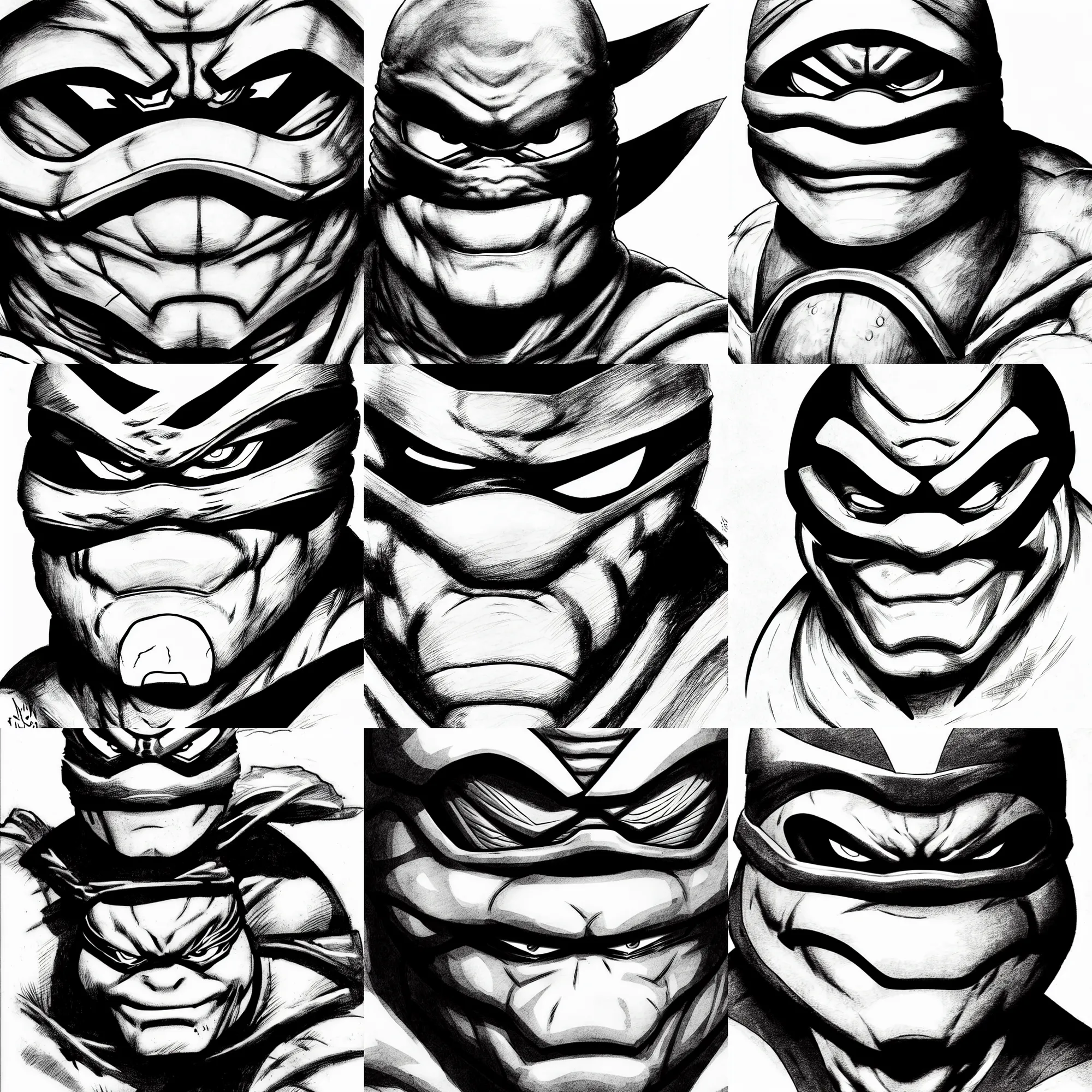 Prompt: anthropomorphic wide head ninja turtle!!! jim lee!!! face macro shot!!! flat! ink sketch grayscale by jim lee close up in the style of jim lee, ninja! battle rugged hulk turtle animal superhero by jim lee