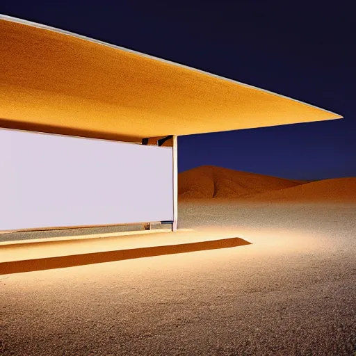 Image similar to bus stop in a desert at night, minimalist architecture, neon lights, james turrel,