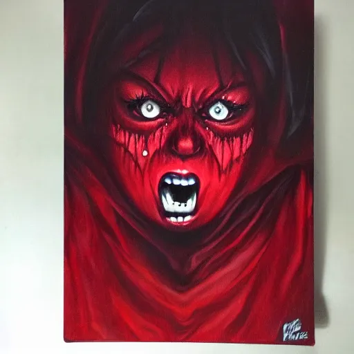Image similar to extrem mad girl with extrem anger screams into the void to release her anger, high detail painting in dark red colors by Mamoru Kanbe