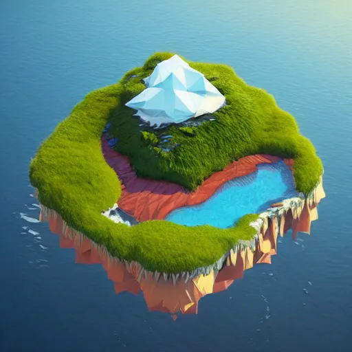 Image similar to a floating island on an aquatic environment isometric art, low poly art, game art, artstation, 3D render, high detail, cgsociety, unreal engine 5