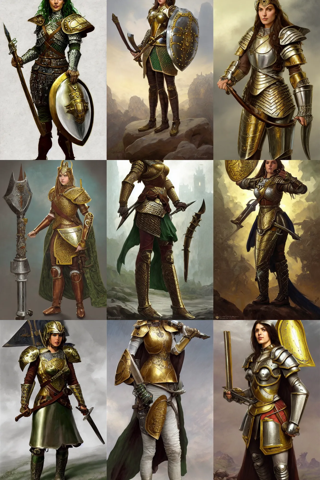 Prompt: full body portrait of a female italian warrior medium length brown hair and a very highly detailed face wearing elegant golden plate mail armor with green and white accents, holding a large tower shield and a long flintlock pistol, highly detailed, digital fantasy painting, artstation, character concept art, sharp focus, illustration, art by michael komarck and greg rutkowski and alphonse mucha