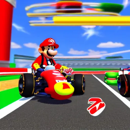 Prompt: Gameplay screenshot of Max Verstappen in Mario Kart, Nintendo, Red Bull