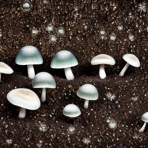 Prompt: Beautiful Macro Photo of undiscovered bioluminiscent Mushroom Species, Studio Lighting, detailed, 28mm Lens