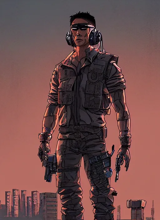 Image similar to Dangerous Hiro. buff Japanese cyberpunk mercenary wearing a cyberpunk tactical headset and military vest. square face. Realistic Proportions. Concept art by James Gurney and Laurie Greasley. Moody Industrial skyline. ArtstationHQ. Creative character design for cyberpunk 2077.