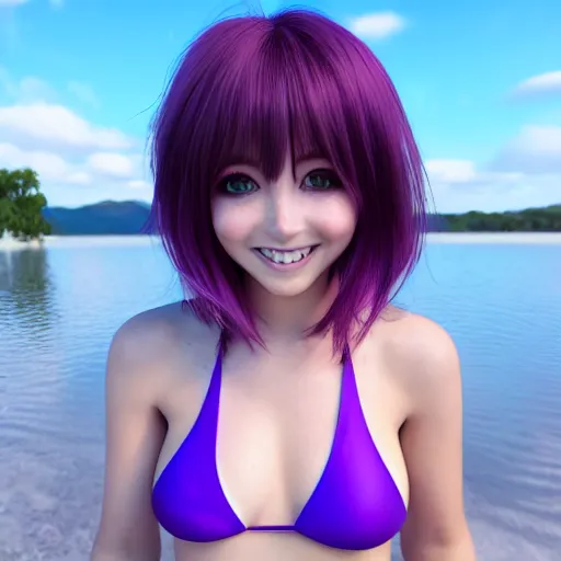 Image similar to render of a very beautiful 3d anime girl, short violet hair, purple eyes, cute freckles, full round face, cute smile, stunning bikini, cold lake setting, medium shot, mid-shot, highly detailed, trending on Artstation, Unreal Engine 4k