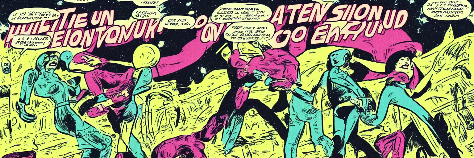 Prompt: ufo alien attack on earth kidnapped woman is screaming and crying after alien invasion style in ufo comic book the year seventies, storybook illustration, green color scheme