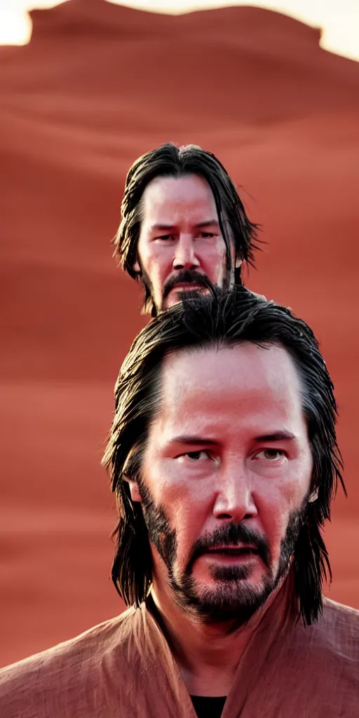 Image similar to keanu reeves as a jedi master, perfect symmetrical face, a red sand desert, moody lighting, 8 k, shallow depth of field, intricate detail,