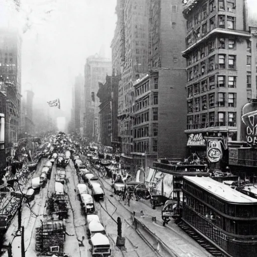 Prompt: old black and white photo, 1 9 1 3, depicting a ghost rider rampaging through the bustling streets of new york city, historical record