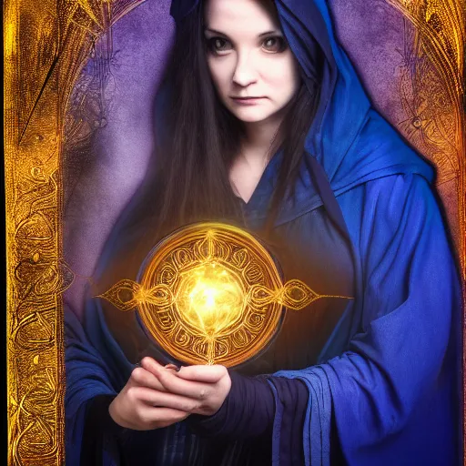 Prompt: portrait of a female warlock casting a magic spell, blueish aura by her side, mystic, fantasy, magic, award winning photography, hdr, studio lighting medium close shot, mucha style,