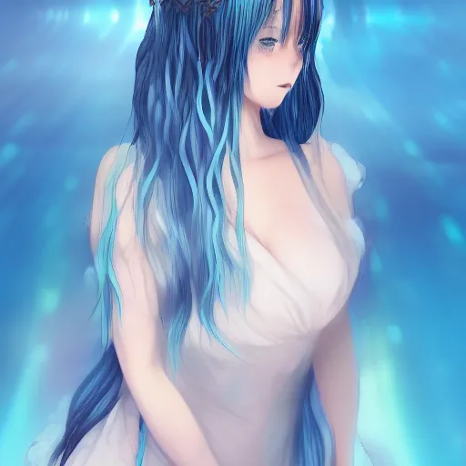 Prompt: advanced digital anime art, a very cute and gorgeous woman wearing a dress made of water , full body, very long wavy azure blue hair, braided hair, white highlights in hair, azure blue watery eyes, full round face, japanese beautiful cute young J-Pop idol actress girl face, cinematic lighting, mid-shot, highly intricately detailed, trending on pixiv, Artstation, DeviantArt, NicoVideo, Steven Artgerm Lau, WLOP, RossDraws, RuanJia, James Jean, Andrei Riabovitchev, Totorrl, Marc Simonetti, Visual Key, and Sakimichan