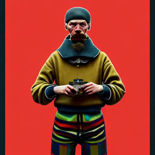 Prompt: Colour Brutal Caravaggio style Photography of Highly detailed brutal Gopnik with detailed face and wearing detailed retrofuturistic Ukrainian folk costume designed by Taras Shevchenko also wearing highly detailed retrofuturistic sci-fi Neural interface designed by Josan Gonzalez. Many details In style of Josan Gonzalez and Mike Winkelmann and andgreg rutkowski and alphonse muchaand and Caspar David Friedrich and Stephen Hickman and James Gurney and Hiromasa Ogura. Rendered in Blender and Octane Render volumetric natural light