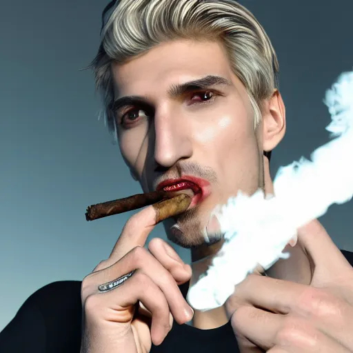 Image similar to a closeup photo of handsome gigachad xqc smoking a cigar, 8k photorealism, extremly detailed, trending on artstation