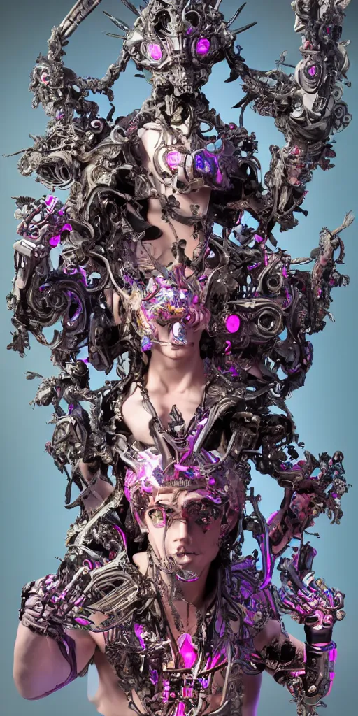 Image similar to full-body baroque and cyberpunk style sculpture of a young seductive Hispanic prince half android with a chest exposing a glowing gemstone battery, glowing pink seductive laser eyes, crown of blue gears and diamonds, swirling salmon-colored silk fabric, robotic raptors dinosaurs. baroque elements. full-length view. intricate artwork by caravaggio. art by Artgerm and Greg Rutkowski and Alphonse Mucha, Trending on artstation, cinematic industrial lighting, hyper realism, octane render, 8k, depth of field, 3D