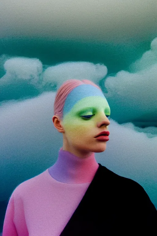 Image similar to high quality pastel coloured film close up wide angle photograph of a model wearing clothing swimming on cloud furniture in a icelandic black rock!! environment in a partially haze filled dreamstate world. three point light, rainbow. photographic production. art directed. pastel colours. volumetric clouds. pastel gradient overlay. waves glitch artefacts. extreme facial clarity. 8 k. filmic.