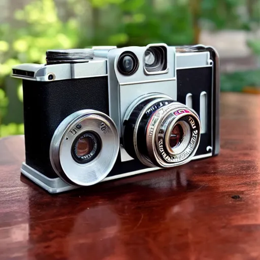 Image similar to photograph of a Yoda inspired medium format TLR camera!!! . very detailed. plain background. 8K . still life photo. elegant vintage design.