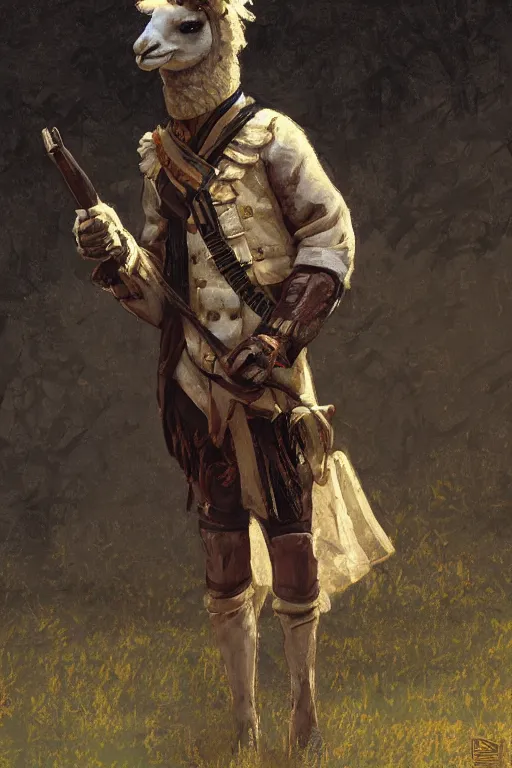 Prompt: Anthro llama colonial era soldier by Craig Mullins and Carl Brenders