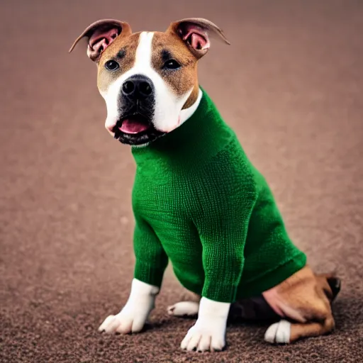 Prompt: American Staffordshire terrier wearing a green sweater, 8k