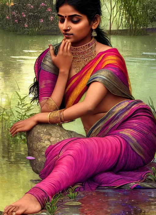 Prompt: a young indian lady wearing a sari relaxing by a pond, wet, shiny, fantasy, intricate, elegant, hyper detailed, ultra definition, photoreal, artstation, unreal engine rendered, concept art, smooth, sharp focus, illustration, art by artgerm and greg rutkowski and alphonse mucha and garis edelweiss