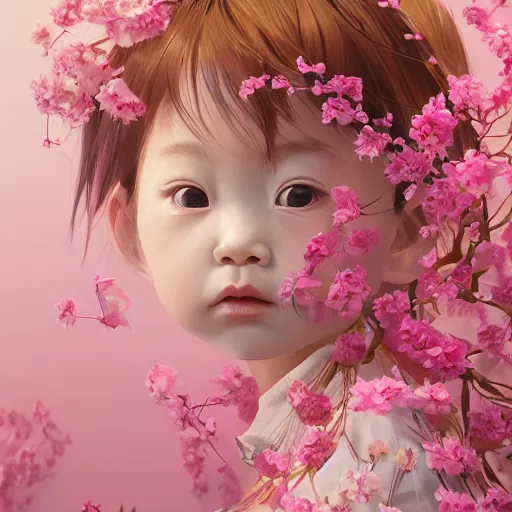 Image similar to the portrait of an absurdly cute, graceful, elegant, young japanese baby girl made of cherry flowers and petals, an ultrafine hyperdetailed illustration by kim jung gi, irakli nadar, intricate linework, bright colors, octopath traveler, unreal engine 5 highly rendered, global illumination, radiant light, detailed and intricate environment