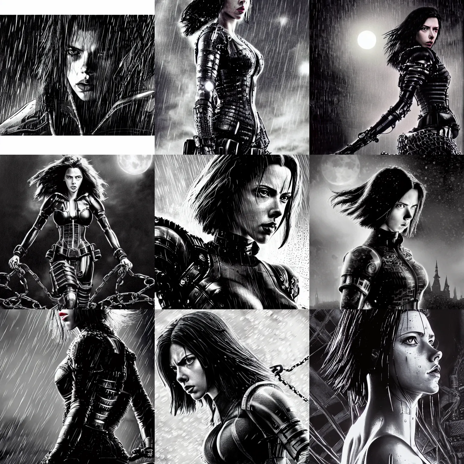 Prompt: angry scarlett johansson, wearing rain soaked chains armour in heavy rain, incredibly fine detailed portrait, battle angel alita, black and white, dynamic angle, pencil and ink manga, elegant, full body profile, far way wide angle 3 5 mm camera shot, highly detailed, dramatic full moon lighting, gothic castle prodominently in the background, movie cover