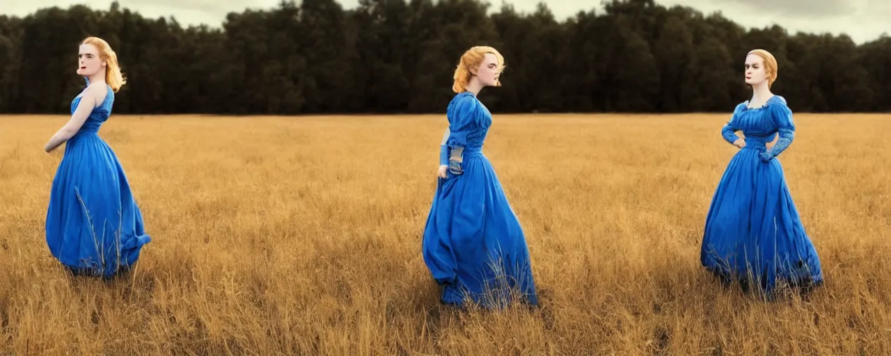 Image similar to evan rachel wood with blonde hair and a maiden blue dress in a field, old west, cinematic lighting, hyperrealistic, one person