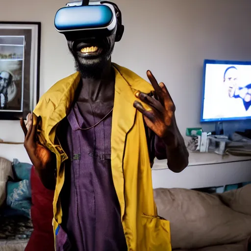 Prompt: paparazzi photo of an north sudanese man dressed as doctor smiling wearing a vr headset in a sitting room, dynamic shot, high quality, dramatic lighting, high definition, movie scene