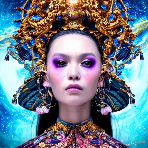 Image similar to a beautiful empress portrait, with a brilliant, impossible striking big cosmic galaxy headpiece, clothes entirely made out of cosmos chaos energy, symmetrical, dramatic studio lighting, rococo, baroque, jewels, asian, hyperrealism, closeup, D&D, fantasy, intricate, elegant, highly detailed, digital painting, artstation, octane render, 8k, concept art, matte, sharp focus, illustration, art by Artgerm and Greg Rutkowski and Alphonse Mucha