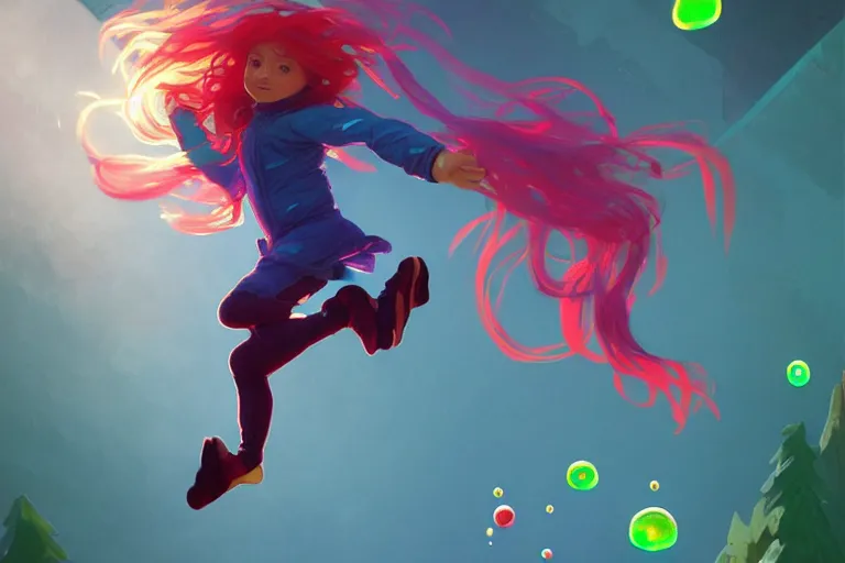 Image similar to madeline from celeste jumping to a green jelly bubble, ( ( ( blue bubble jacket ) ) ) ( ( ( red long hair ) ) ), highly detailed, digital painting, artstation, concept art, sharp focus, illustration, art by greg rutkowski and alphonse mucha