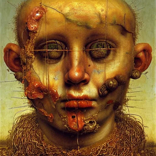 Image similar to half boy half old man made of greasy spaghetti, by giuseppe arcimboldo and ambrosius benson, renaissance, intricate and wet oil paint, a touch of beksinski, realistic