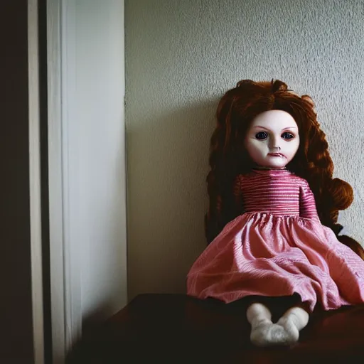 Image similar to Creepy doll in a bedroom staring at viewer, night, grainy photograph