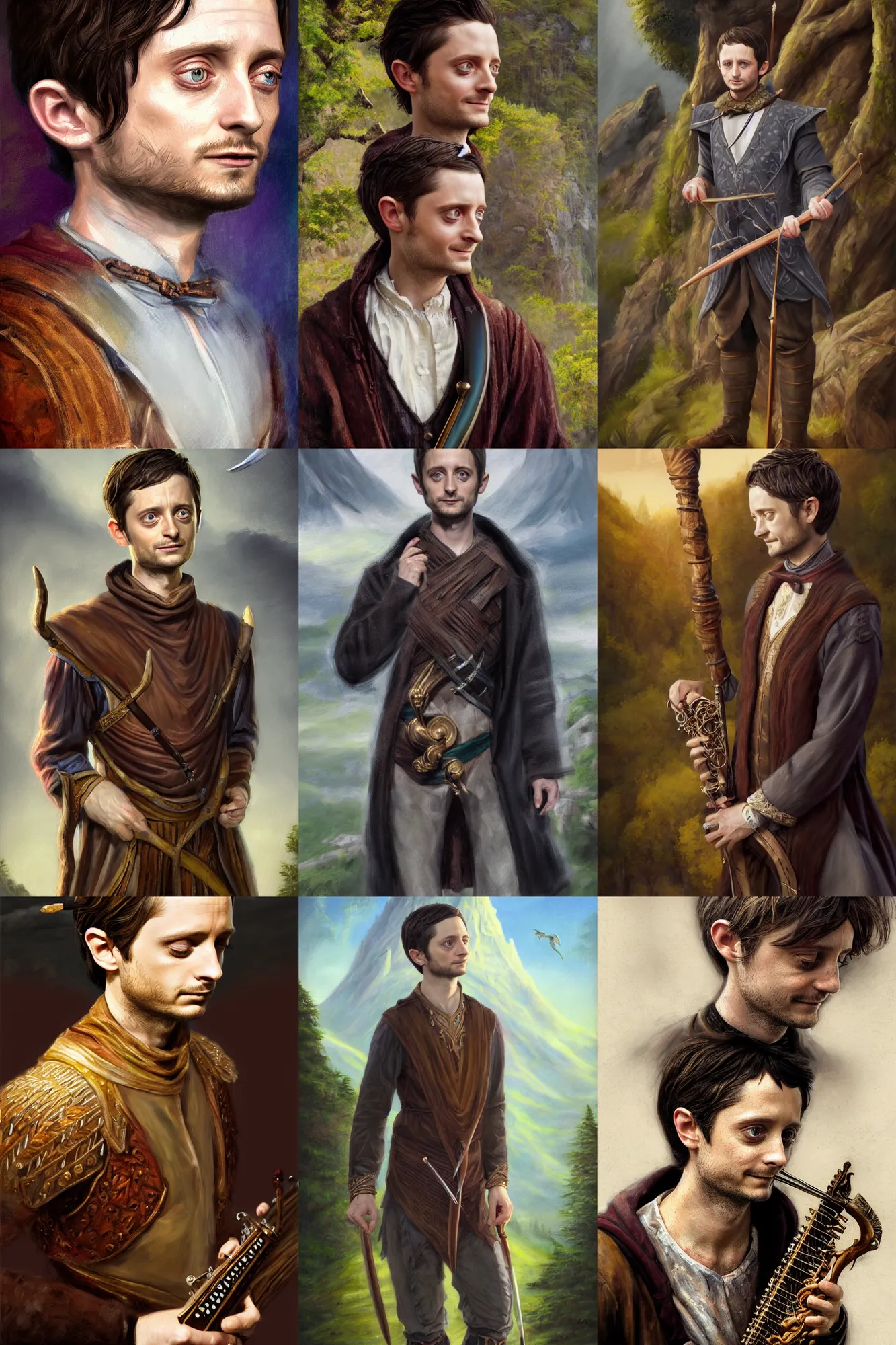 Image similar to a full body high detail fantasy portrait oil painting illustration of elijah wood as an elegant male bard by justin sweet with face and body clearly visible, in a scenic background, visible pupils, realistic proportions, d & d, rpg, forgotten realms, artstation trending, high quality, sombre mood, artstation trending, muted colours, entire person visible!