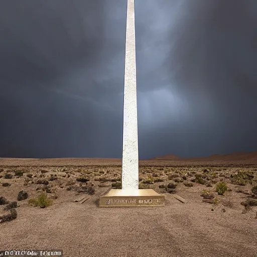 Prompt: a long shot national geographic photograph by carr clifton depicting a huge glowing crystal monolith war memorial towering above the ground in an arid desert landscape with roiling storm clouds