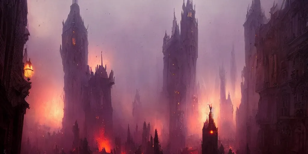 Prompt: A tower made out of black iron standing in the middle of a medieval city, a purple flame burning on top of the tower, moody lighting, moonlight, fog around the tower, by Greg Rutkowski