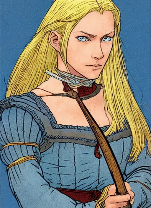 Prompt: young woman in medieval clothing, blue eyes and blond hair, a ribbon in her hair, armed with a sword. art by moebius,