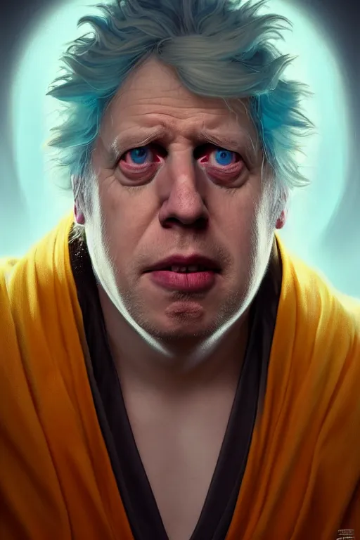 Image similar to Boris Johnson as Rick Sanchez, unibrow, white robe, big eyes, 3d octane render, symmetrical, highly detailed, digital painting, artstation, concept art, smooth, sharp focus, illustration, cinematic lighting, art by artgerm and greg rutkowski and alphonse mucha