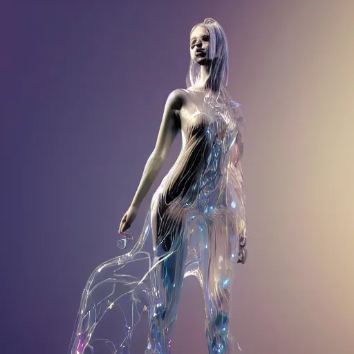 Image similar to a highly detailed ethereal full body, digital image of a elegantly posed dancing futuristic woman beautifully intertwined in realistic chrome foliage dress liquid like water, full body shot, by Andrew Chiampo, artstation, and Frederik Heyman, extremely detailed woman, stunning volumetric lighting, hyper realism, fantasy, intricate detail, 4k,