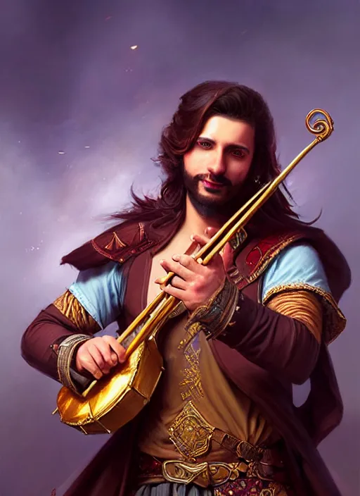 Prompt: a _ fantasy _ style _ portrait _ painting _ of pasific male charismatic bard playing instrument, rpg dnd oil _ painting _ unreal _ 5 _ daz. _ rpg _ portrait _ extremely _ detailed _ artgerm _ greg _ rutkowski _ greg