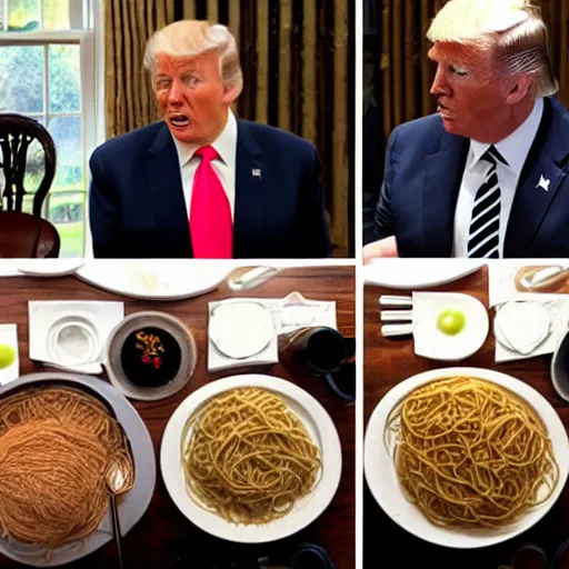 Image similar to trail cam footage of Joe Biden and Donald Trump eating spaghetti with beans
