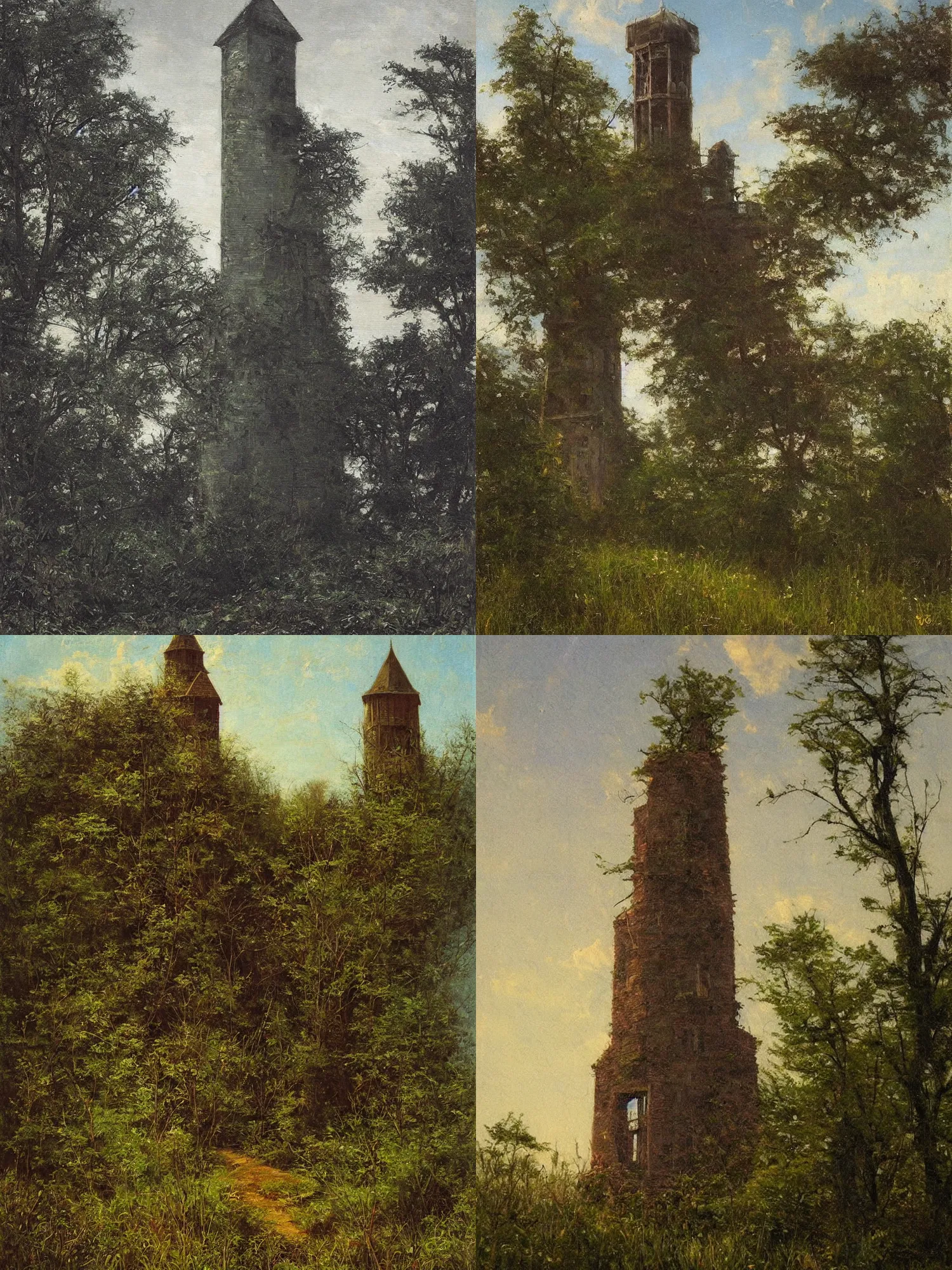 Image similar to The abandoned wizard\'s tower in the overgrown garden. Unknown Hudson River School Artist.