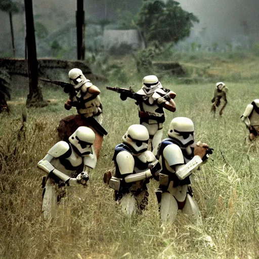 Image similar to star wars clone troopers combat soldiers in vietnam, photo, old picture, lush landscape, jungle, firearms, explosions, helicopters, aerial combat, active battle zone, flamethrower, air support, jedi, land mines, gunfire, violent, star destroyers, star wars lasers, sci - fi, jetpacks, agent orange, bomber planes, smoke, trench warfare