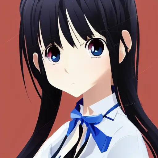 Image similar to a anime girl with blue eyes and a white shirt, a character portrait by Jin Homura, featured on pixiv, mingei, booru, white background, anime