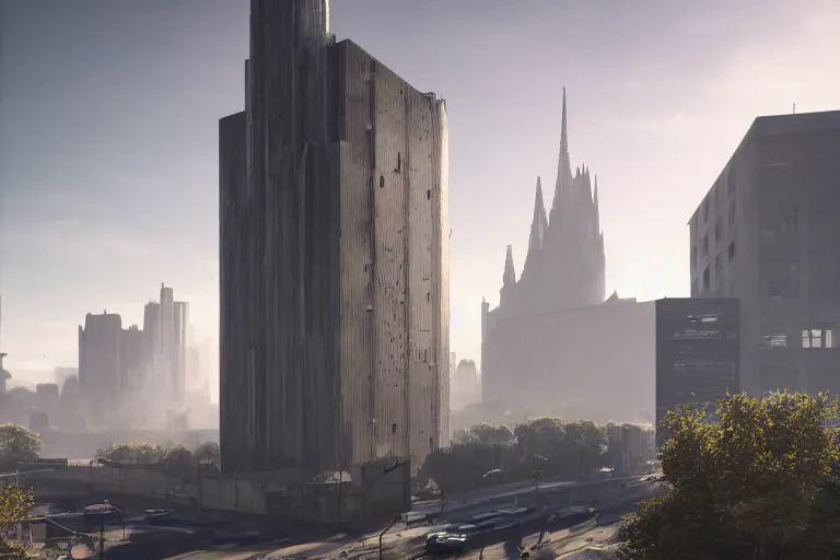 Image similar to streetscape, a towering cathedral of brutalist architecture, buildings covered with greebles, stunning volumetric light, sunset, metal, concrete and translucent material, stunning skies, majestic landscape, trending on Artstation, 8k, photorealistic, hyper detailed, unreal engine 5, IMAX quality, cinematic, epic lighting, in the style of Greg Rutkowski