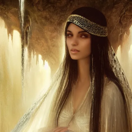 Prompt: beautiful Arab woman, white transparent veil black hair, bathing in a waterfall, ethereal, emotive, fine art, water mist, mystical, Romanticism, natural light, elegant, intricate, fantasy, atmospheric lighting, cinematic, matte painting, detailed face, by Greg Rutkowski