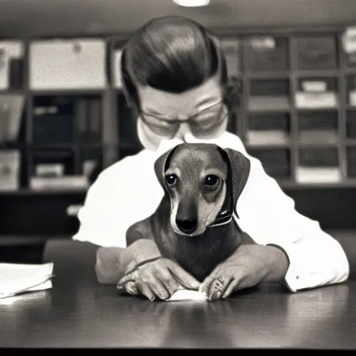 Prompt: dachshund in a dimly lit office, 1960s, Kodachrome