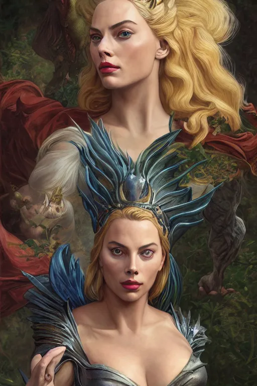 Image similar to A fantasy comic book style portrait painting of Margot Robbie, Scarlett Johansson, as an Atlantean Reptilian Warrior, Mystical Valkyrie, François Boucher, Oil Painting, unreal 5, DAZ, hyperrealistic, octane render, Regal, Refined, Detailed Digital Art, RPG portrait, William-Adolphe Bouguereau, Michael Cheval, Walt Disney (1937), Steampunk, dynamic lighting, Highly Detailed, Cinematic Lighting, Unreal Engine, 8k, HD