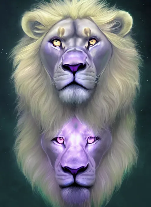 Prompt: aesthetic portrait commission of an albino male furry anthro lion with large muscles and lavender and mint colored glowing orbs of light surrounding and illuminating the lions face softly charlie bowater, detailed, inked, western comic book art, 2017 award winning painting, digital art, artstation